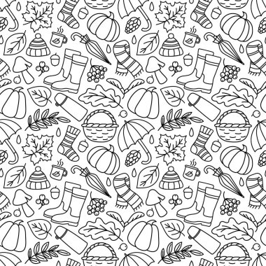 Sonbahar karalamalarıyla kusursuz desen. Düşen yaprakların, balkabaklarının, mantarların, lastik botların, sepetin ve mevsimsel doğal dekorlar için siyah çizimlerle dolu meşe palamudu arka planının birleşik görüntüsü. Vektör sonbahar süsü