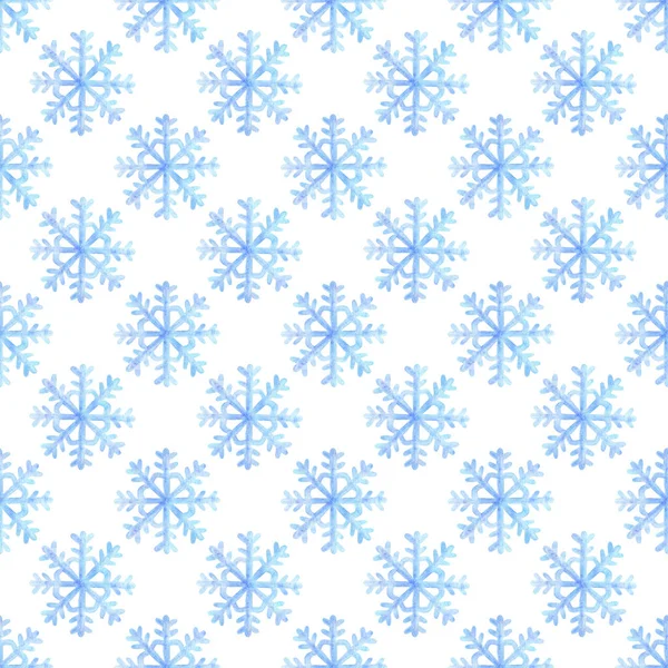 Bezešvé Vzor Akvarelem Sněhové Vločky Modré Barvy Bílé Pozadí Malými — Stock fotografie