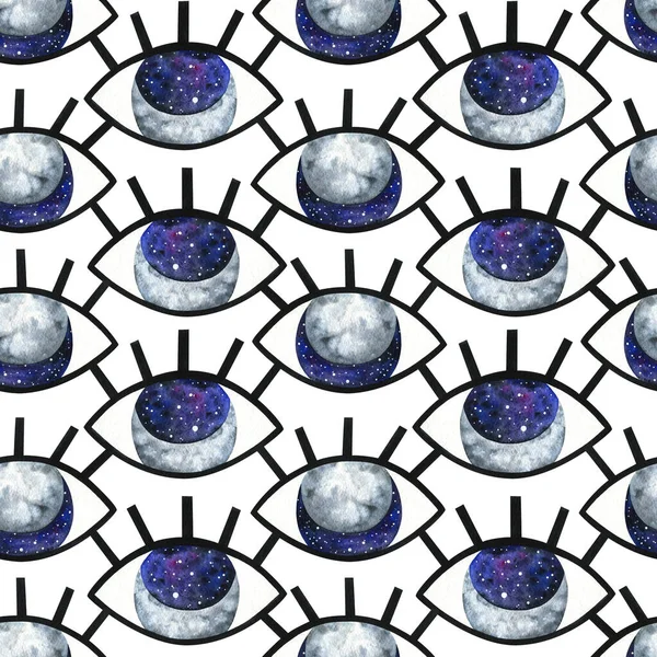 The universe is in open eyes. Abstract seamless pattern with the moon and space in the pupil. Stylish ornament on a white background. Decorative print with mystical watercolor illustrations