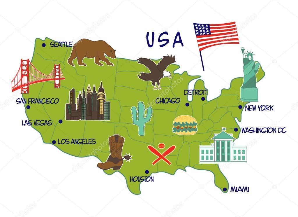 map of USA with typical features