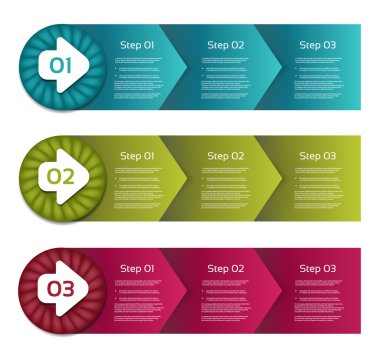 İşlem okları kutuları. adim adim vektör kümesi. Üç adım