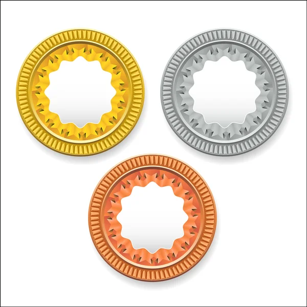 Vector round empty medals of gold silver bronze. It can be used as coins buttons icons — Stock Vector