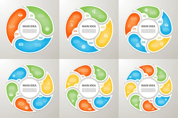 Flechas de círculo vectorial signo conjunto de infografía. 3, 4, 5, 6, 7, 8 opciones, partes, pasos. Diagrama de ciclo, gráfico de símbolos, presentación de rompecabezas, gráfico redondo. Plantilla de concepto de infografía empresarial con procesos de datos . — Vector de stock