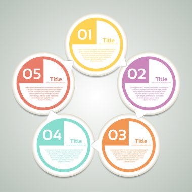 Bilgi grafiği için vektör daire okları. Bisiklet diyagramı, grafik, sunu ve yuvarlak grafik için şablon. 5 seçenek, parça, adım veya süreç ile iş konsepti. Soyut arka plan.
