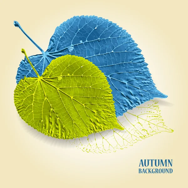 Fundo de outono com folhas. Tília em azul e verde. Texto escrito em segundo plano. Ilustração vetorial. Eps 10 — Vetor de Stock