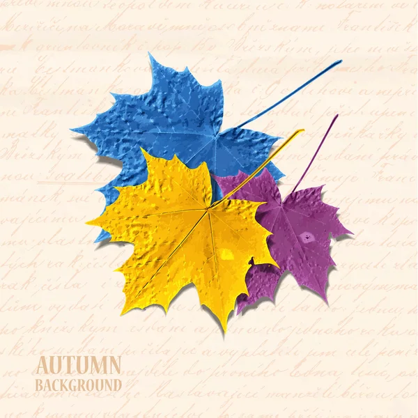 Fondo otoñal con hojas. Arce en amarillo, azul y púrpura. Texto escrito en segundo plano. Ilustración vectorial. Eps 10 — Archivo Imágenes Vectoriales