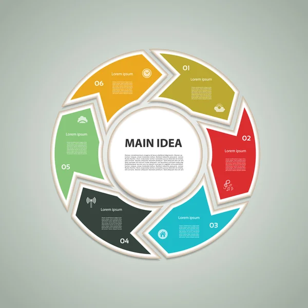 Zyklisches Diagramm mit sechs Schritten und Symbolen. Folge 10 — Stockvektor