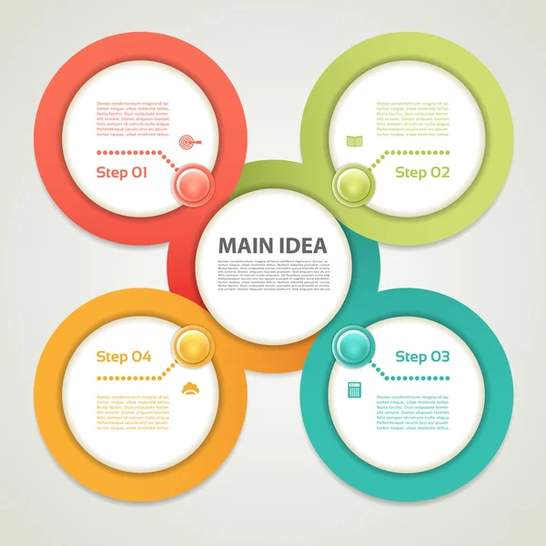 Zyklisches Diagramm mit vier Schritten und Symbolen. Folge 10 — Stockvektor