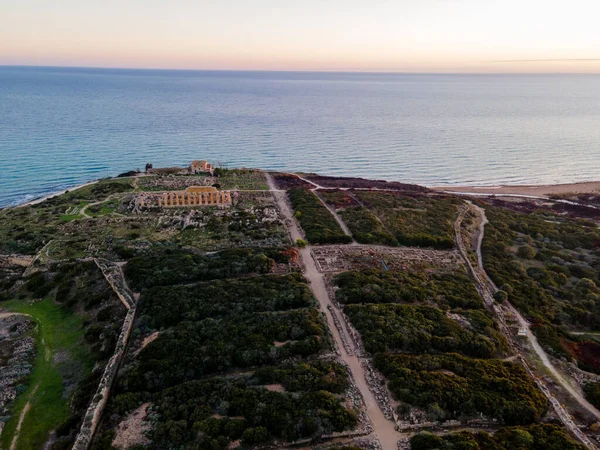 Vista sobre mar y ruinas de columnas griegas en el Parque Arqueológico Selinunte — Foto de Stock