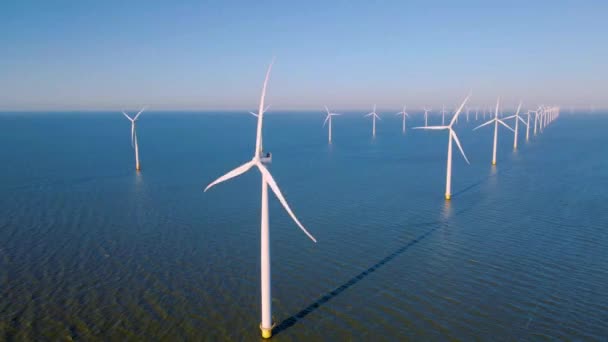 Szélmalom turbinák Flevoland Hollandiában, zöld energia szélmalom turbinák a ijsselmeer tó mellett Hollandiában — Stock videók