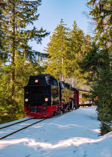 Parc national du Harz Allemagne, train à vapeur sur le chemin de Brocken à travers le paysage hivernal, célèbre train à vapeur à travers la montagne d'hiver. Brocken, Parc national du Harz Montagnes en Allemagne — Photo