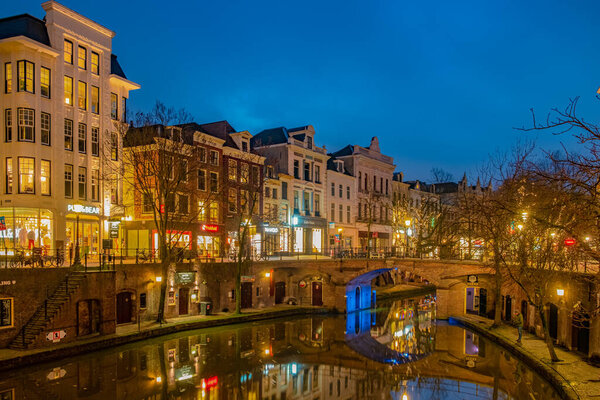 Traditional houses on the Oudegracht Old Canal in center of Utrecht, Netherlands Holland