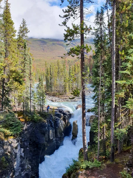 Gyönyörű kilátás nyílik Sunwapta Falls Jasper Nemzeti Park, Kanada, pár férfi és nő látogasson el Sunwapta Falls Jasper — Stock Fotó