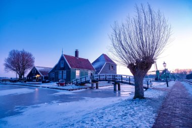 Zaanse Schans Hollanda 'nın yel değirmeni köyü, kışın tarihi ahşap yel değirmenleri Zaanse Schans Hollanda