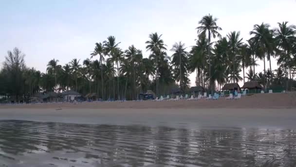 Схід сонця на пляжі з пальмами, Чамфон Таїланд, подружжя дивиться захід сонця на пляжі в Таїланді. — стокове відео