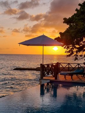 Rahatlatıcı yaz plajı, güneşlenme güvertesi ve sahilde palmiye ağaçları ve Curacao lüks evindeki panoramik deniz manzaralı özel yüzme havuzu.