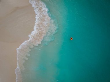 Karayipler 'deki Aruba' daki Kartal plajından gelen hava, Aruba Eagle plajında şemsiyeli kuş manzarası.