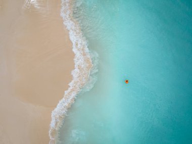 Karayipler 'deki Aruba' daki Kartal plajından gelen hava, Aruba Eagle plajında şemsiyeli kuş manzarası.