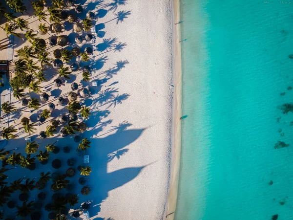 Spiaggia di palme Aruba Caraibi, lunga spiaggia di sabbia bianca con palme ad Aruba — Foto Stock
