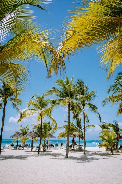 팜비치 아루바 카리브해, 아루바에 야자나무가 있는 하얀 기다란 모래사장 — 스톡 사진