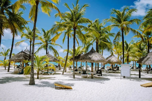 Пальмовый пляж Арубы Карибского бассейна, белый длинный песчаный пляж с пальмовыми деревьями на Арубе — стоковое фото