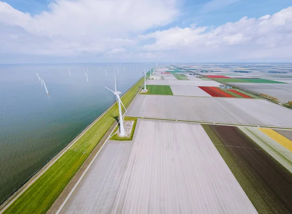Offshore Windmill granja en el océano Westermeerwind parque, molinos de viento aislados en el mar en un hermoso día brillante Holanda Flevoland Noordoostpolder — Foto de Stock
