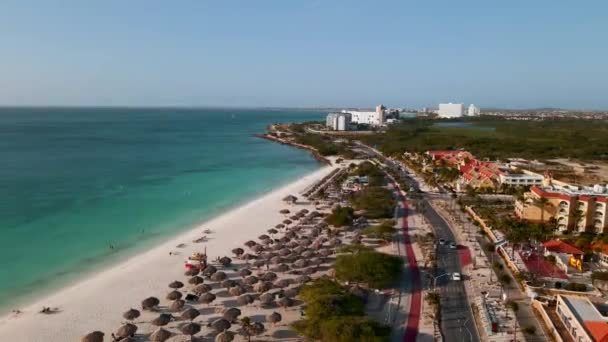 Aéreo da praia de Águia em Aruba, no Caribe, vista pássaro ey na praia com guarda-chuva na praia de Águia Aruba — Vídeo de Stock