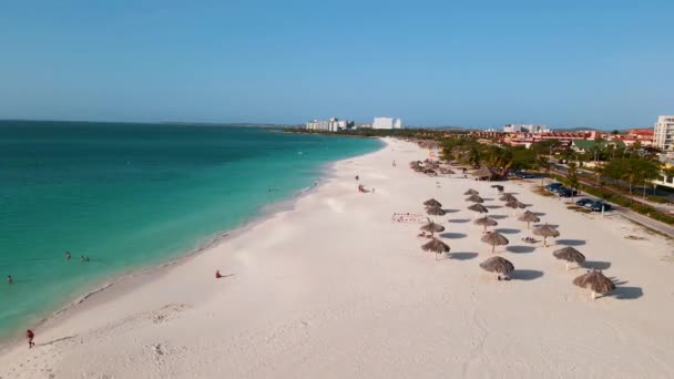 从加勒比海阿鲁巴的雄鹰海滩起飞，鸟瞰着在阿鲁巴雄鹰海滩带着伞的海滩 — 图库视频影像