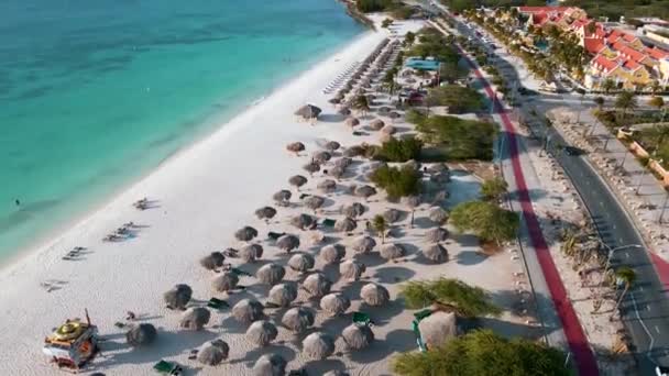 Luchtfoto van Adelaarsstrand op Aruba in het Caribisch gebied, vogelzicht op het strand met parasol op Aruba Adelaarsstrand — Stockvideo