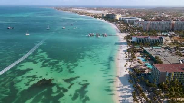 Vzduch z pláže Eagle na Arubě v Karibiku, pohled z ptačí perspektivy na pláži s deštníkem na pláži Aruba Eagle — Stock video
