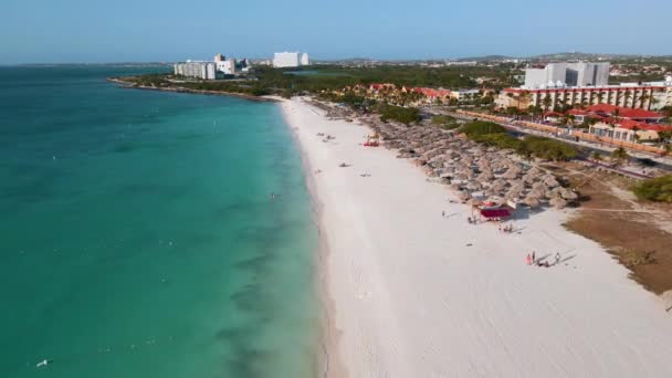 Luchtfoto van Adelaarsstrand op Aruba in het Caribisch gebied, vogelzicht op het strand met parasol op Aruba Adelaarsstrand — Stockvideo