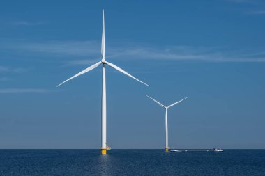 Hava manzaralı rüzgar türbini, rüzgar parkının batı kanadındaki drone manzarası IJsselmeer gölündeki yel değirmeni çiftliği Hollanda 'nın en büyüğü, sürdürülebilir kalkınma, yenilenebilir enerji