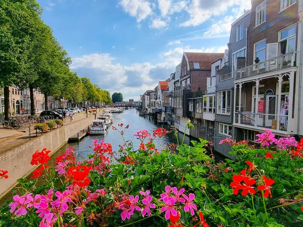 Case, barche e alberi sul canale olandese. Con fiori in primo piano e un cielo blu con nuvole sullo sfondo. Città di Gorinchem, Paesi Bassi. — Foto Stock