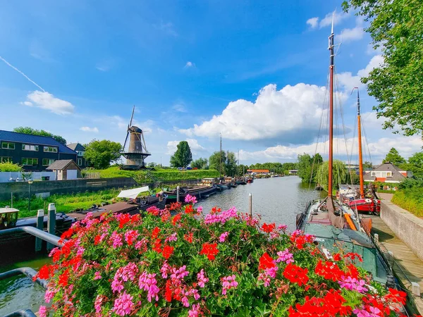 Hollanda Kanalı 'nda evler, tekneler ve ağaçlar. Önplanda çiçekler ve arkasında bulutlar olan mavi bir gökyüzü. Gorinchem şehri, Hollanda..