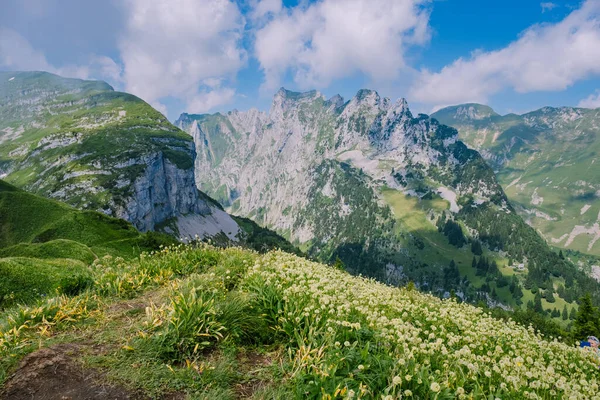 Masszív sziklaképzés a svájci Alpokban, egyedülálló hegy, svájci Alpok hegyek Saxer Lucke — Stock Fotó