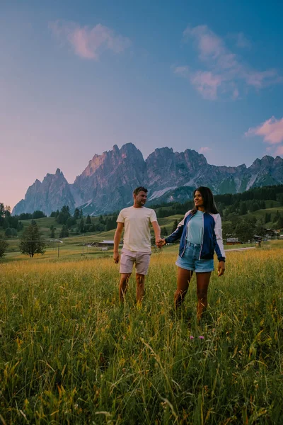 背景には、高山の緑の風景と巨大なドロマイトアルプスとコルティナ・ダンペッツォ町のパノラマビュー。イタリアの南チロル州ベルーノ県. — ストック写真