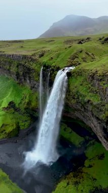 Nefes kesici Seljalandsfoss şelalesi, canlı yeşil bitki örtüsüyle çevrili bir uçurumun üzerinden dramatik bir şekilde akar..