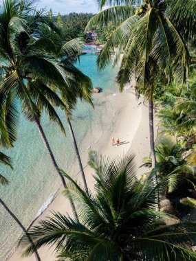 Tayland 'daki Koh Kood Adası' nın yumuşak kumlu sahilinde sallanan palmiye ağaçlarının çarpıcı manzarası. Berrak turkuaz sular, ziyaretçileri dinlenmeye ve tropik bir cennette keşfe davet ediyor..