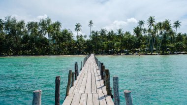 Kristal berrak sulara uzanan ahşap bir iskeleyle Koh Kood Adası 'nın sakinliğini hissedin. Kıyı boyunca uzanan yemyeşil palmiye ağaçları, ziyaretçileri tropik bir cennette dinlenmeye davet ediyor..