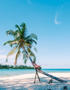 Tayland 'daki Koh Kood Adası' nın çarpıcı sahil manzarasının tadını çıkaran bir adam eğimli bir palmiye ağacına yaslanır. Açık mavi gökyüzü tropik cenneti tamamlıyor..