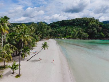 Tayland 'ın Koh Kood Adası' ndaki sakin bir plajın çarpıcı manzarası. Palmiye ağaçları ve bulutlu gökyüzünün altında berrak mavi sularla çevrili yumuşak beyaz kumlar kıyı şeridi boyunca uzanır..