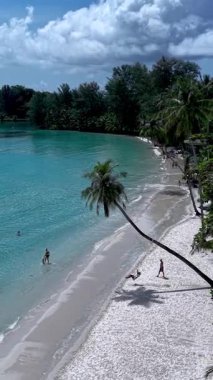 Tayland 'daki Koh Kood Adası' nın nefes kesici kıyı şeridi turkuaz suların yumuşak beyaz kumla buluştuğu yer. Ziyaretçiler sakin plajların, palmiye ağaçlarının, plajdaki palmiye ağacının altında salıncakların keyfini çıkarırlar.