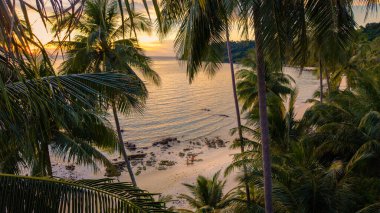 Tayland 'ın Koh Kood Adası' nda günbatımında sakin bir plajın muhteşem manzarasının tadını çıkarın. Bereketli palmiye ağaçları ufku çevreleyip rahatlamak ve kaçmak için mükemmel bir tropikal cennet yaratıyor..