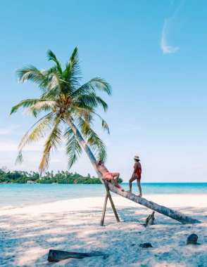 İki arkadaş Koh Kood Adası 'nda eğlenceli bir günün tadını çıkarıyorlar. Dalgalı mavi denizin yanındaki bir palmiye ağacında uzanarak. Sıcak güneş Tayland 'daki cennet bahçesinde parlıyor.