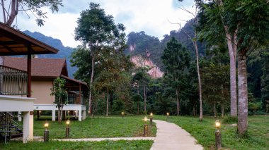 Tayland 'ın Khao Sok kentindeki canlı yeşillikler arasında, yolu aydınlatan yumuşak fenerlerle dolu sakin bir patika. Arkaplanda görkemli dağlar beliriyor. Lüks bir çevre beldesinde.