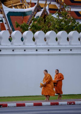 Bangkok, Tayland, 19 Kasım 2025. Canlı turuncu cüppeli iki keşiş Wat Phra Kaew 'i çevreleyen beyaz duvarın yanından geçiyor. Bu huzurlu manzara, bölgenin barışçıl Budist atmosferini yansıtıyor..