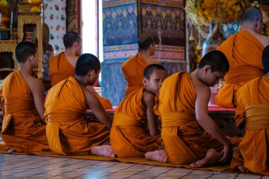 Bangkok, Tayland, 19 Kasım 2025, turuncu cüppeli genç rahipler Wat Arun 'da sessizce oturuyorlar, güneş ışığı iç kısımlara doğru akarken, huzurlu bir atmosfer yaratıyorlar..