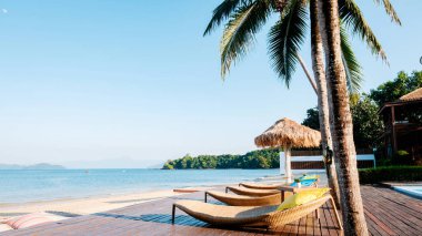 Tayland 'daki Koh Phayam Adası' nın sakinliğinin tadını çıkarın. Palmiye ağaçları ve rahat şezlonglar tarafından çerçevelenmiş, güneşli bir günde gevşemek için mükemmel sakin denizin tadını çıkarın..