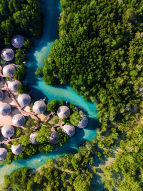 Tayland 'daki Koh Phayam Adası' nın nefes kesici manzarasını keşfedin. Burada eşsiz yuvarlak bungalovlar canlı mangrovların arasında yuva yapar..