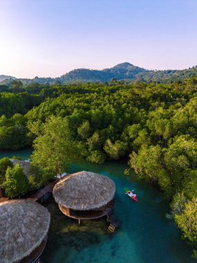 Tayland 'daki Koh Phayam Adası' nın sakin güzelliğini keşfedin. Sade sazdan kulübelerin dingin sularla çevrili olduğu yeşil alanları keşfedin. Kayakçılar çarpıcı manzaraların arasında huzurlu bir günün tadını çıkarırlar..